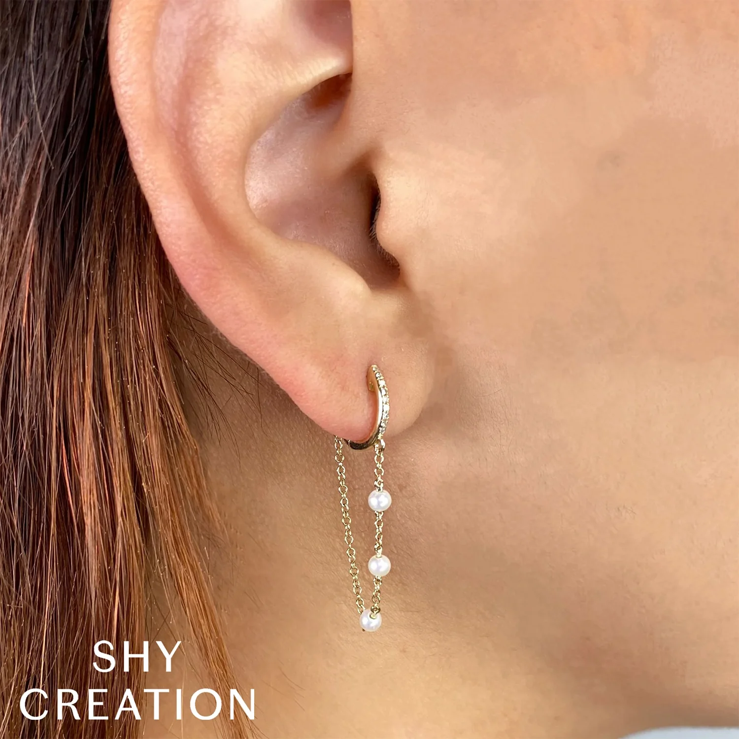 Shy Creation 14K Pearl and Diamond Drop Earrings - Image 2