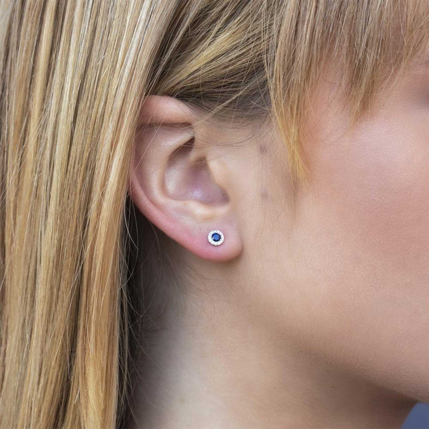 Shy Creation 14K Sapphire and Diamond Halo Stud Earrings - Image 3