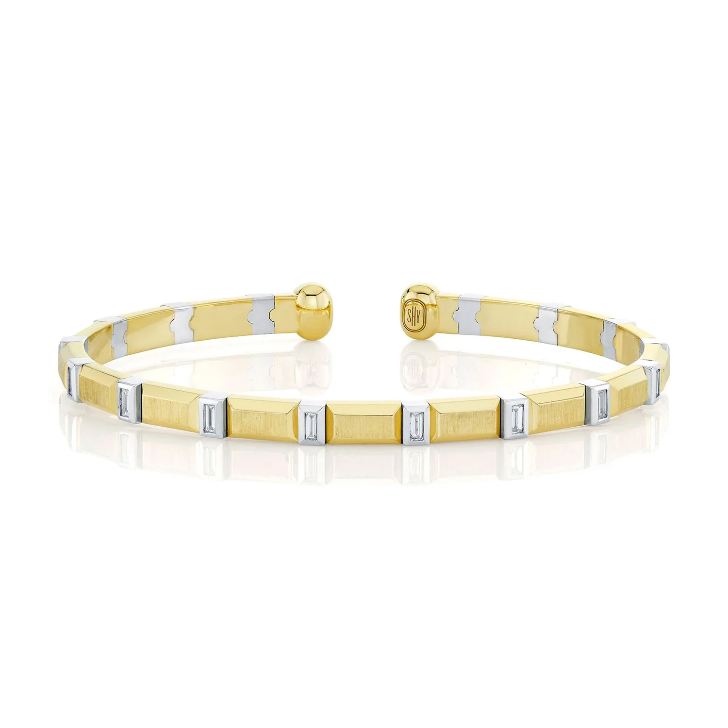 Shy Creation 14K Two-Tone Diamond Baguette Geo Cut Matte Cuff Bracelet