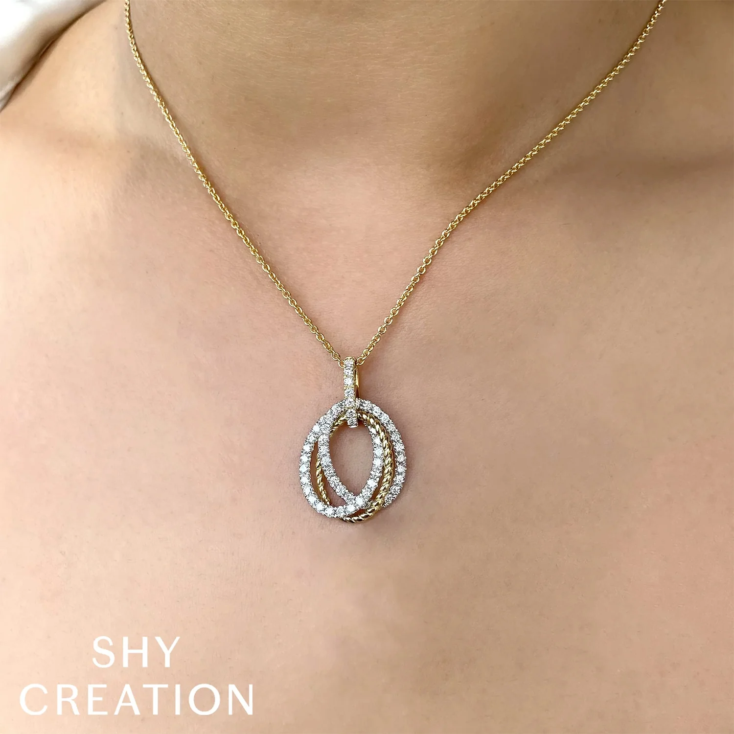 Shy Creation 14K Two-Tone Diamond Oval Necklace - Image 2