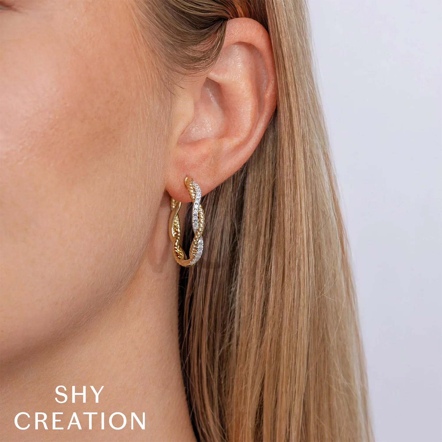 Shy Creation 14K Two-Tone Diamond Twisted Hoop Earrings - Image 3
