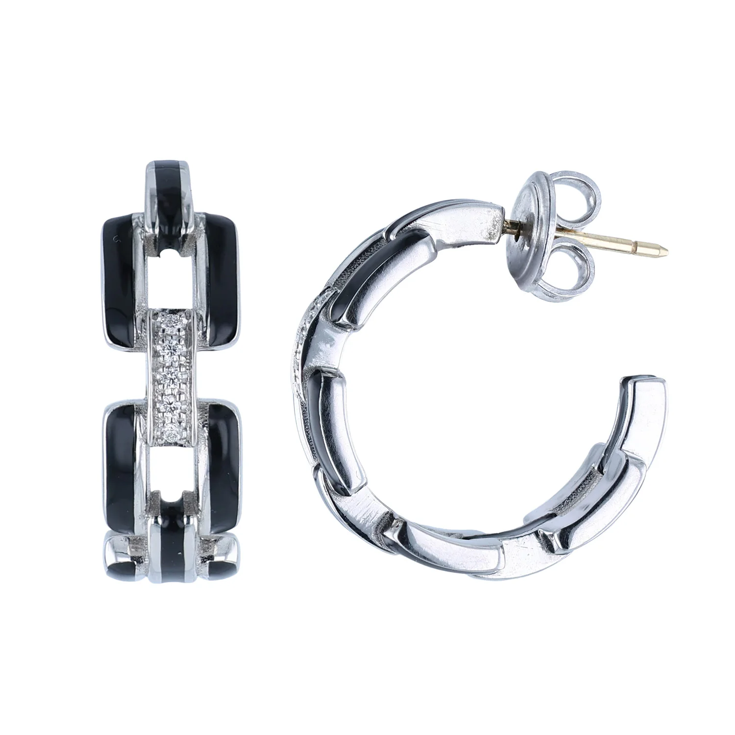 SOHO Sterling Silver Black Enamel Link Hoop Earrings - Image 2