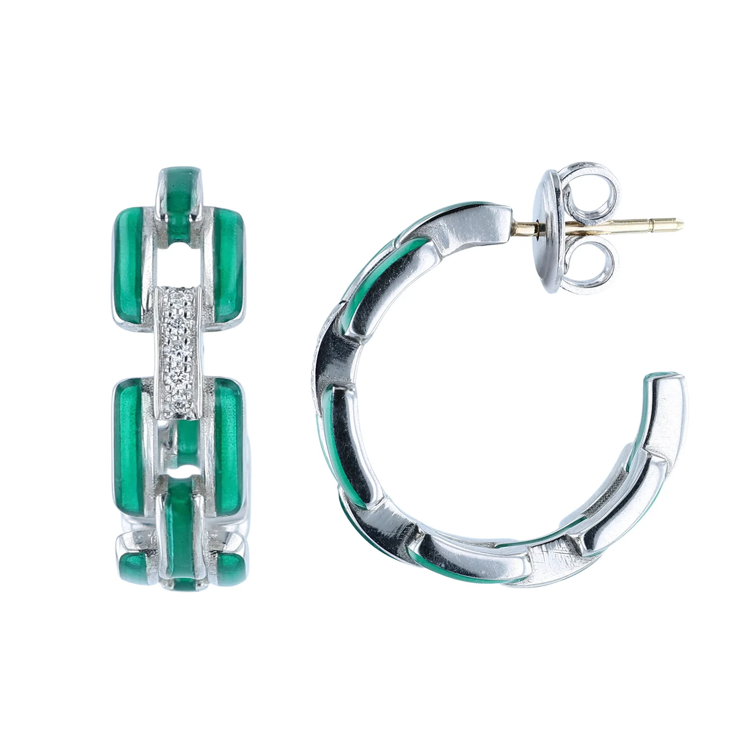SOHO Sterling Silver Green Enamel Link Hoop Earrings - Image 2
