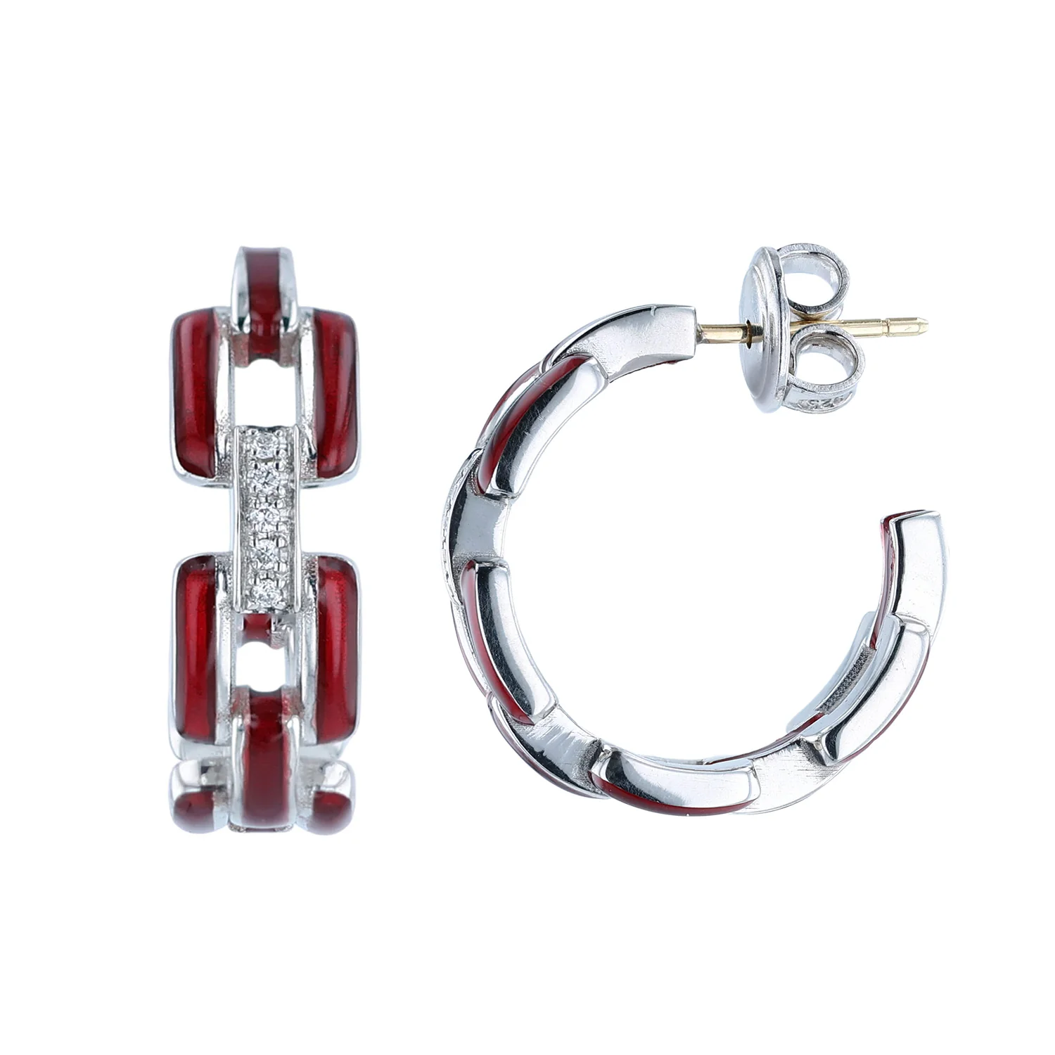 SOHO Sterling Silver Red Enamel Link Hoop Earrings - Image 2