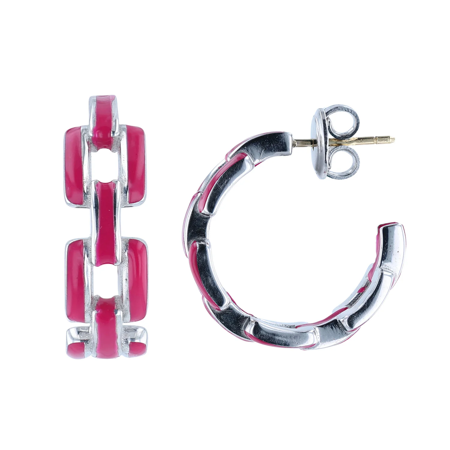 SOHO Sterling Silver Magenta Link Hoop Earrings - Image 2