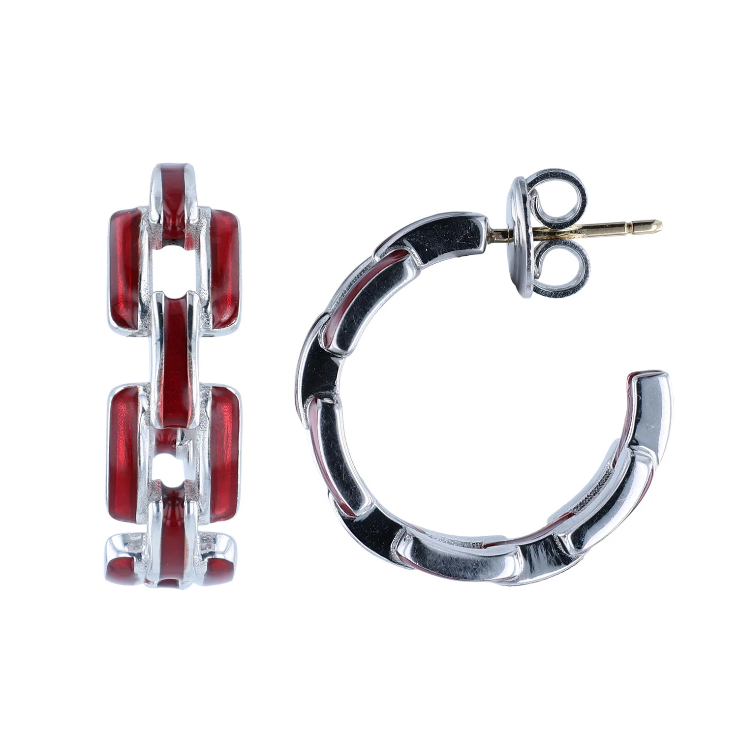 SOHO Sterling Silver Red Enamel Link Hoop Earrings - Image 2
