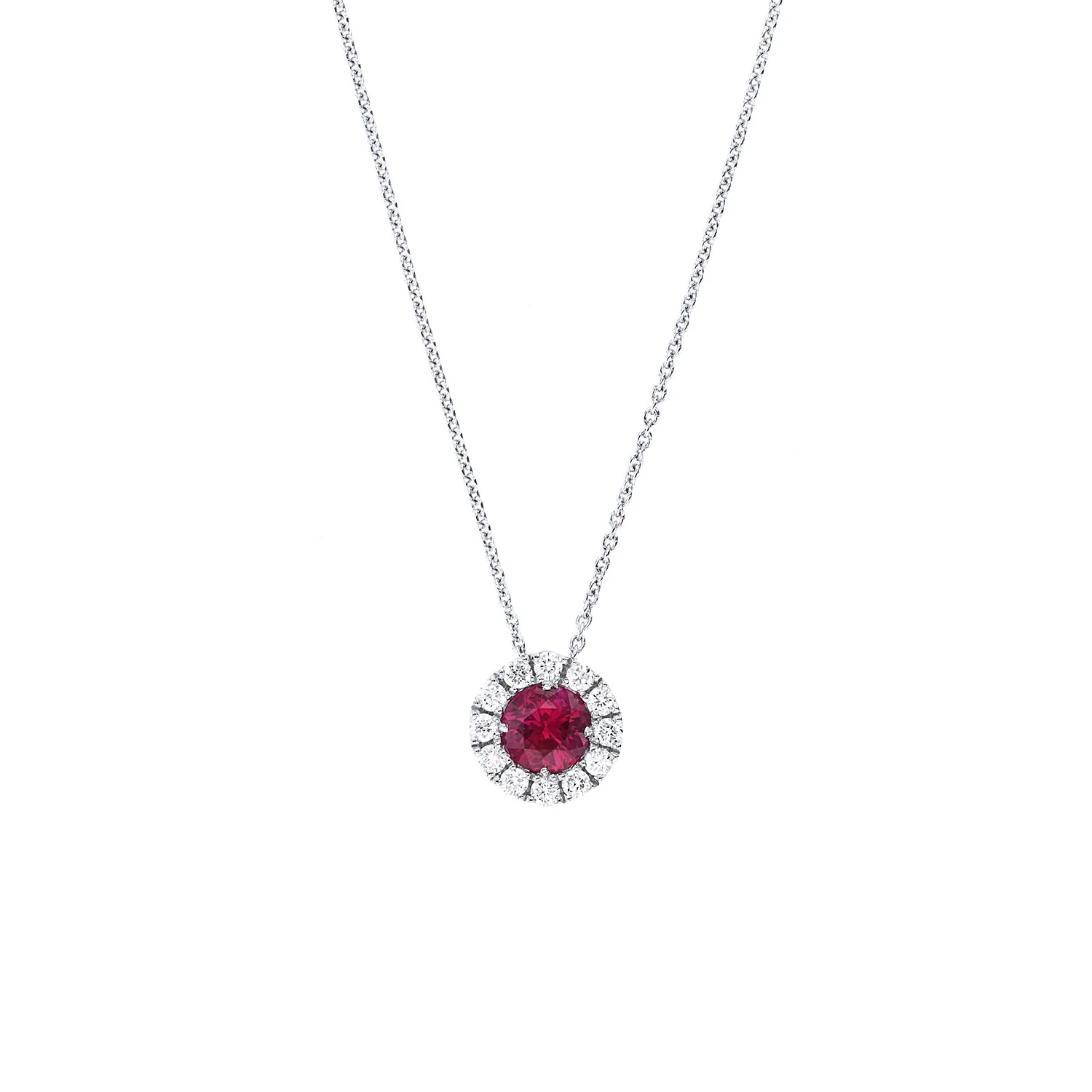 Spark Creations 18K Ruby and Diamond Halo Pendant with Chain